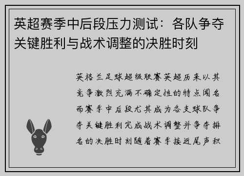 英超赛季中后段压力测试：各队争夺关键胜利与战术调整的决胜时刻